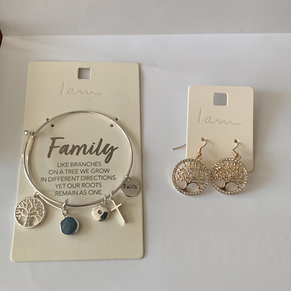 Bundle I Am Family Bracelet With Five Charms And Tree Earrings NWT